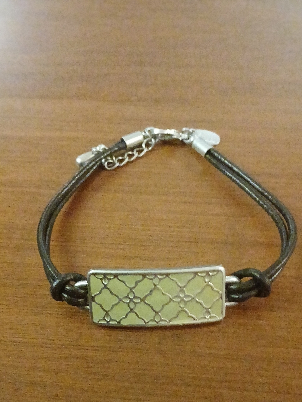 Lia Sophia Leather Cord Bracelet with Silver-Tone Green Filigree Plate - Black